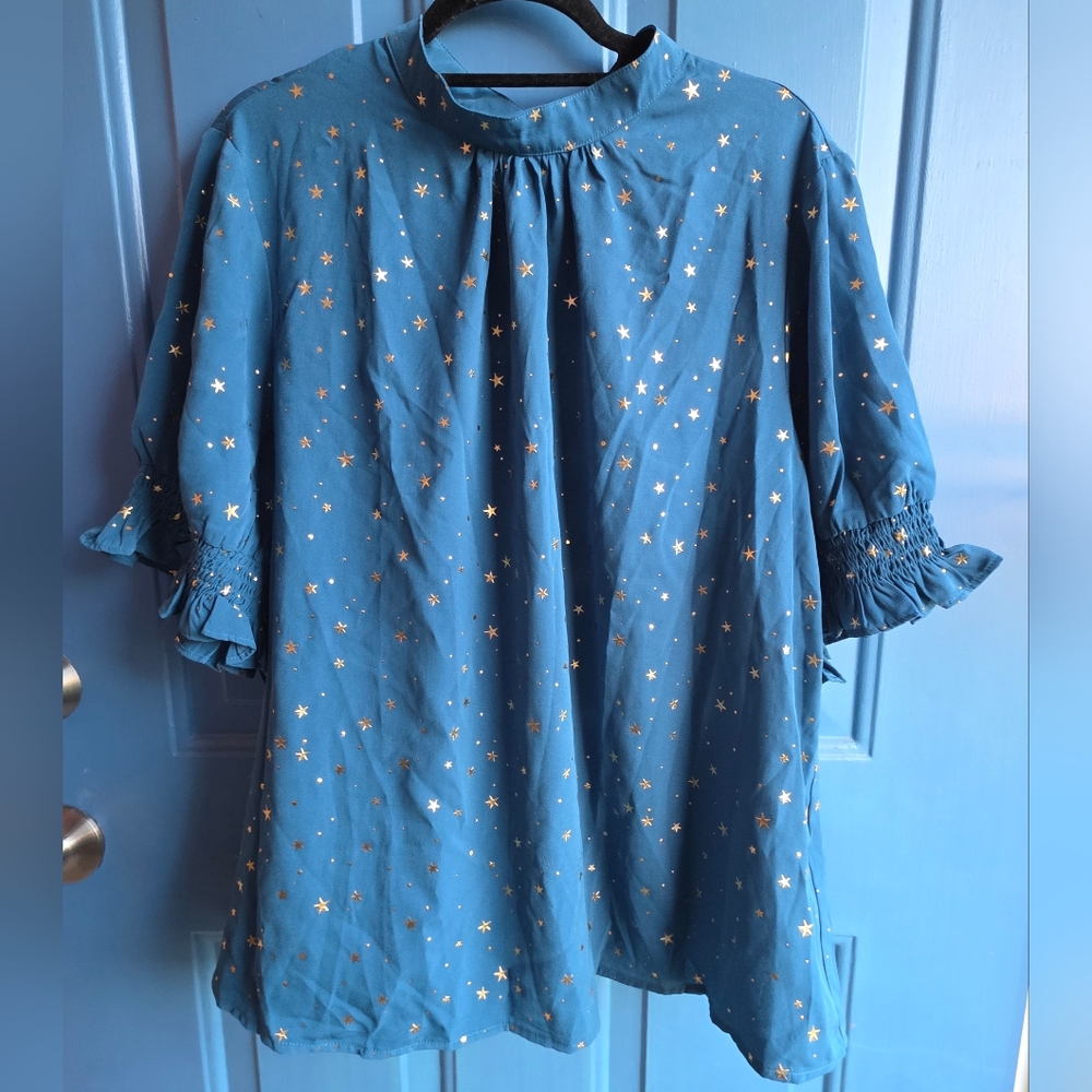 Womens Teal Short Sleeve Blouse  With Gold Star Print Size 2X NWT